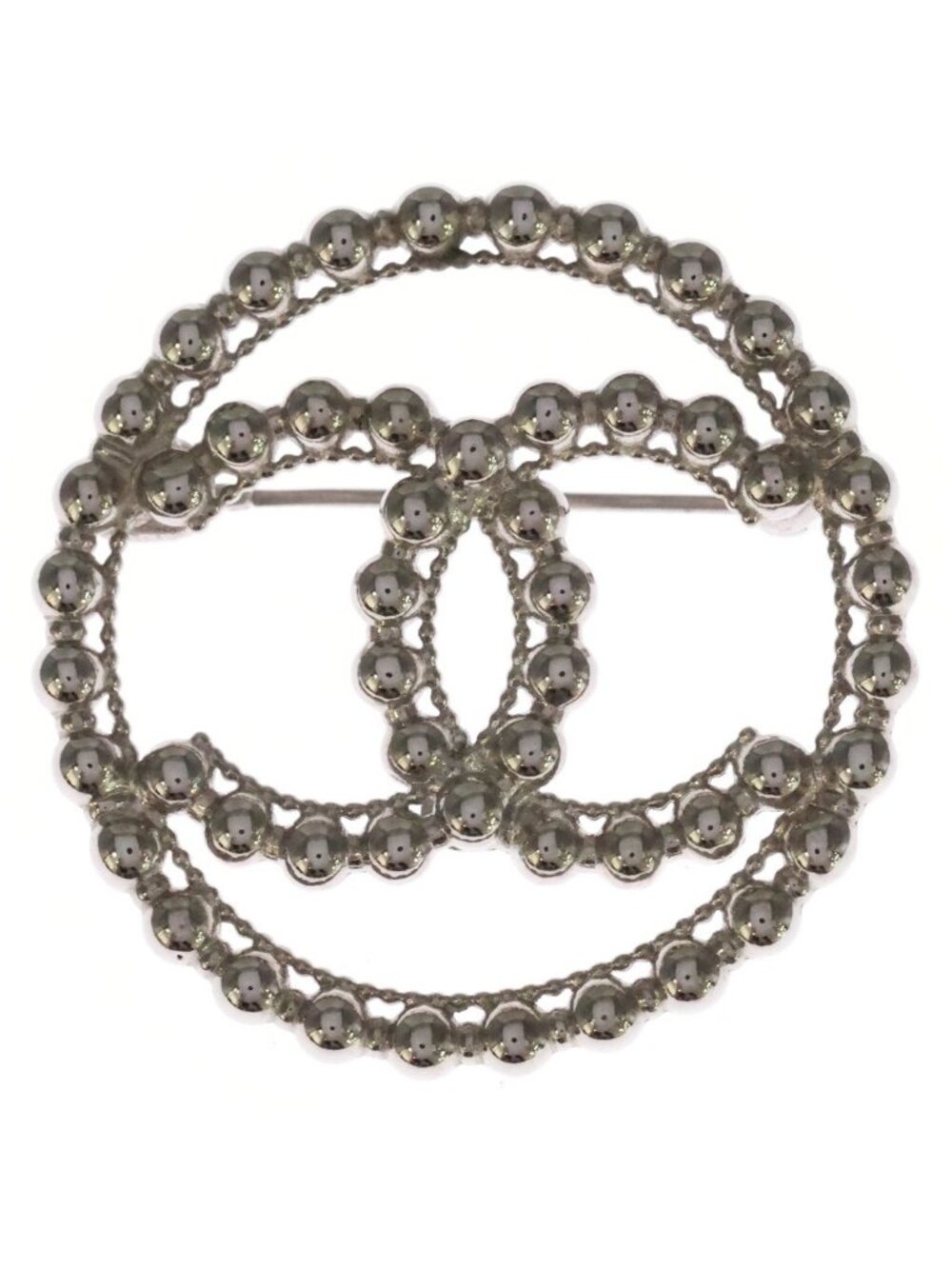 Chanel CC Logo Round Brooch Pin Badge Silver